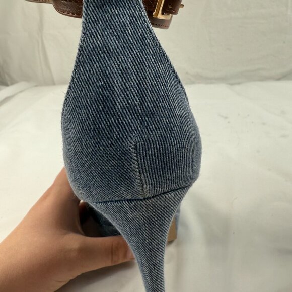 Shoe Dazzle Blue Denim Heels with Brown Strap - Picture 13 of 16